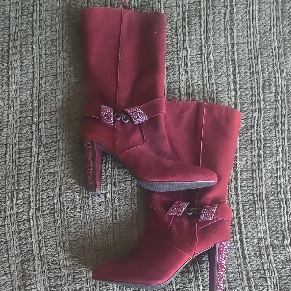 Stuart Weitzman Red Heeled Boots with Suede Finish
